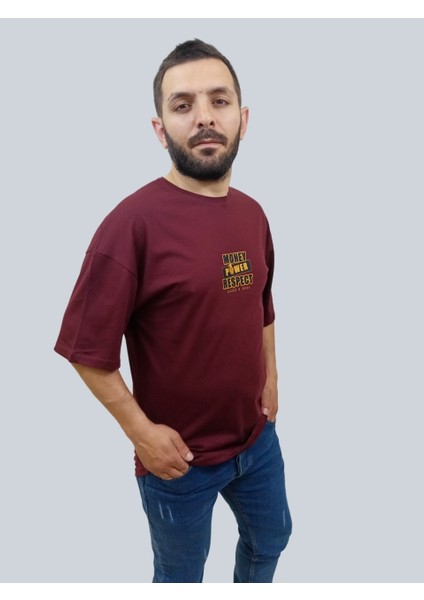 Erkek Respect Oversize Bisiklet Yaka Bordo Tişört