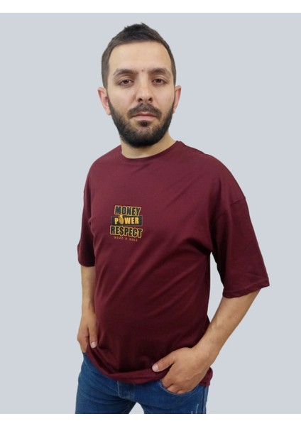 Erkek Respect Oversize Bisiklet Yaka Bordo Tişört