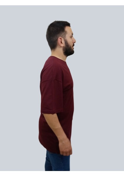 Erkek Respect Oversize Bisiklet Yaka Bordo Tişört