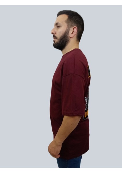 Erkek Respect Oversize Bisiklet Yaka Bordo Tişört