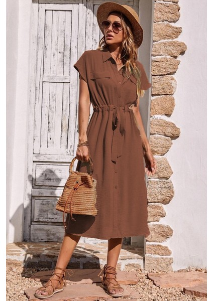 Kahverengi Gömlek Yaka Uzun Elbise MG1743