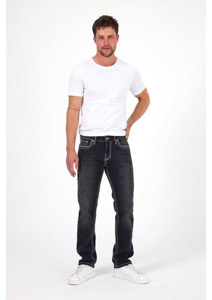 - Erkek Siyah Kalın Ipli Likralı Slim Fit Denim Pantolon