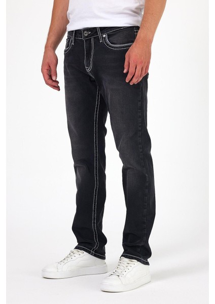 - Erkek Siyah Kalın Ipli Likralı Slim Fit Denim Pantolon