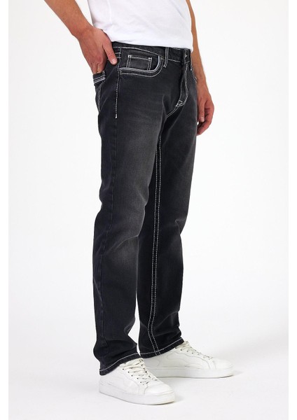 - Erkek Siyah Kalın Ipli Likralı Slim Fit Denim Pantolon