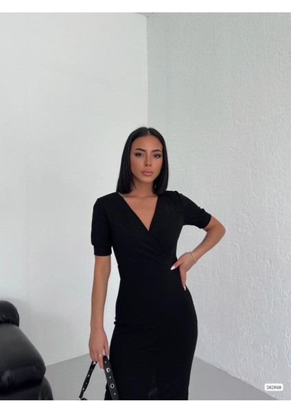 Kadın Kruvaze Yaka Kısa Kol Midi Boy Krep Kumaş Elbise (Renkli)