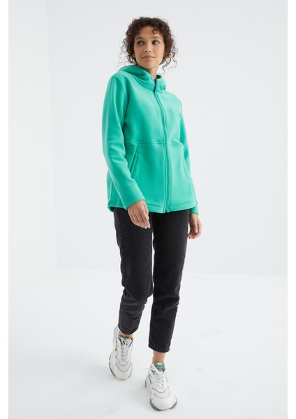 Deniz Yeşili Kapüşonlu Fermuarlı Rahat Form Kadın Polar Sweatshirt - 97233