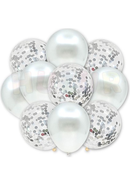 Gümüş Konfetili Şeffaf Balon Ve gümüş balon Seti 20 Adet