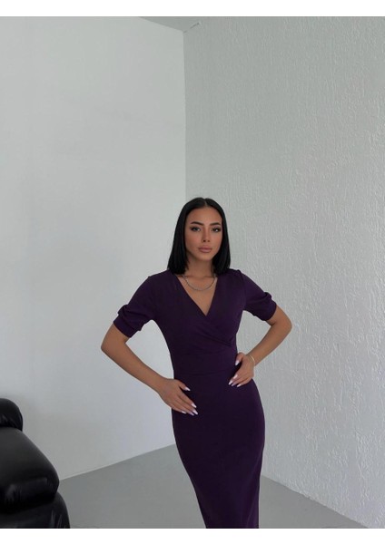 Kadın Kruvaze Yaka Kısa Kol Midi Boy Krep Kumaş Elbise (Renkli)