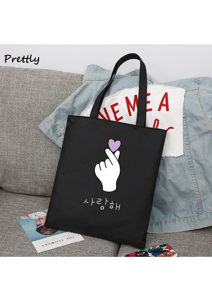 Kanvas Tote Çanta 8 Saranghae Kore Parmak Kalp Omuz Çanta Kpop Aşk K-Pop Kdrama Kanvas Tote Çanta Büyük Öğrenci Okul Çantaları Bayanlar Alışveriş (Yurt Dışından) modelleri