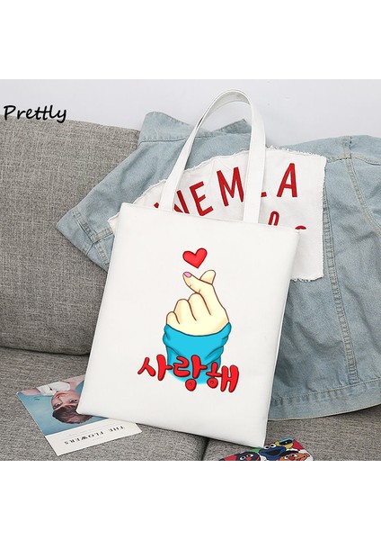 Kanvas Tote Çanta 8 Saranghae Kore Parmak Kalp Omuz Çanta Kpop Aşk K-Pop Kdrama Kanvas Tote Çanta Büyük Öğrenci Okul Çantaları Bayanlar Alışveriş (Yurt Dışından) fırsatları