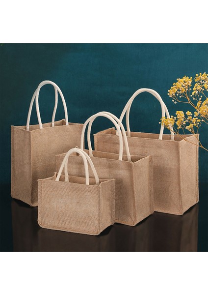 BEJ-34X42CM Moda Çuval Bezi Bez Çantalar Boş Jüt Plaj Alışveriş Çantası Vintage Yeniden Kullanılabilir Hediye Çanta Saplı Taşınabilir Kadın Alışveriş Çantası (Yurt Dışından)