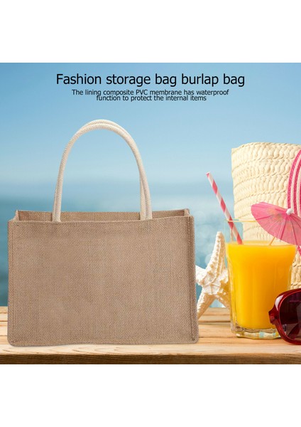 BEJ-34X42CM Moda Çuval Bezi Bez Çantalar Boş Jüt Plaj Alışveriş Çantası Vintage Yeniden Kullanılabilir Hediye Çanta Saplı Taşınabilir Kadın Alışveriş Çantası (Yurt Dışından)