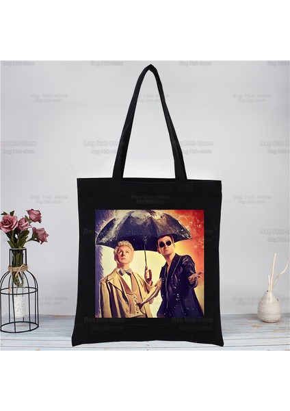 M Good Omens Crowley Ineffable David Kanvas Çanta Kadın Omuz Çantası Moda Pamuk Alışveriş Alışverişçi Bayanlar El Çantaları Bez Çantalar (Yurt Dışından)