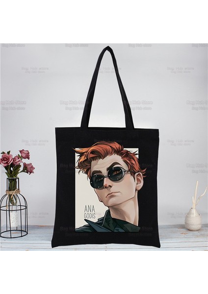 M Good Omens Crowley Ineffable David Kanvas Çanta Kadın Omuz Çantası Moda Pamuk Alışveriş Alışverişçi Bayanlar El Çantaları Bez Çantalar (Yurt Dışından)