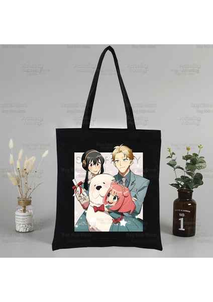 L Anime Anya Forger Spy x Ailesi Anya Kendini Beğenmiş Siyah Bayan Çanta Kanvas Tote Çanta Alışveriş Seyahat Yeniden Kullanılabilir Omuz Alışveriş Çantaları (Yurt Dışından)