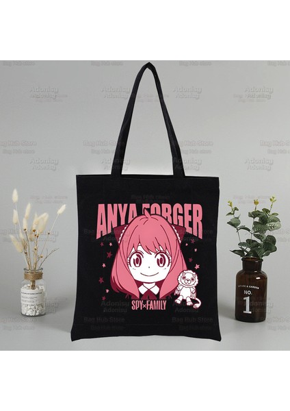 L Anime Anya Forger Spy x Ailesi Anya Kendini Beğenmiş Siyah Bayan Çanta Kanvas Tote Çanta Alışveriş Seyahat Yeniden Kullanılabilir Omuz Alışveriş Çantaları (Yurt Dışından)