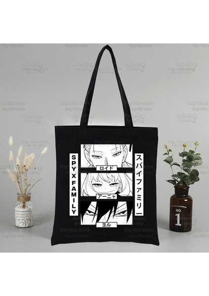 H Anime Anya Forger Spy x Ailesi Anya Kendini Beğenmiş Siyah Bayan Çanta Kanvas Tote Çanta Alışveriş Seyahat Yeniden Kullanılabilir Omuz Alışveriş Çantaları (Yurt Dışından)