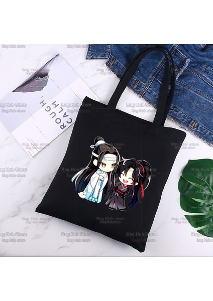 P Mo Dao Zu Shi Grafik Wei Wuxian Lan Wangji Sevimli Moda Siyah Kanvas Çanta Harajuku Kadın Çanta Vintage Çanta Omuzdan Askili Çanta (Yurt Dışından)