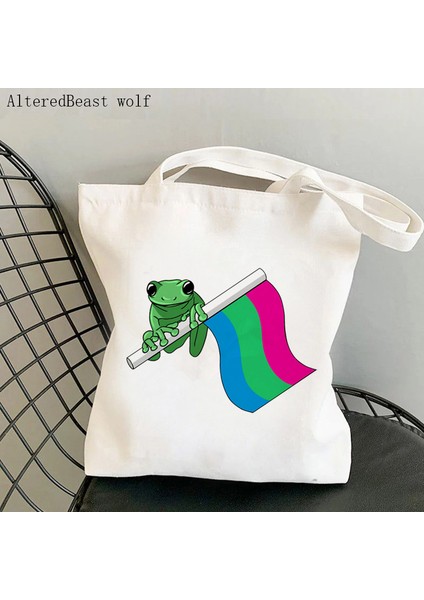 B3146 Kadın Alışveriş Çantası Gökkuşağı Gurur Kurbağa Baskılı Kawaii Çanta Harajuku Alışveriş Kanvas Alışveriş Çantası Kız Çanta Tote Omuz Bayan Çantası (Yurt Dışından) modelleri