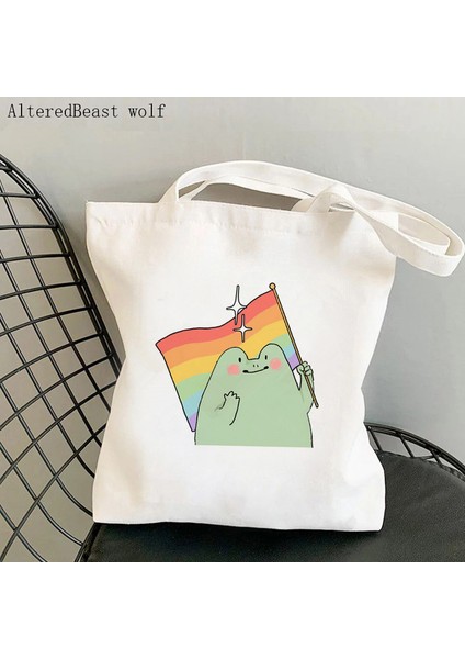 B3146 Kadın Alışveriş Çantası Gökkuşağı Gurur Kurbağa Baskılı Kawaii Çanta Harajuku Alışveriş Kanvas Alışveriş Çantası Kız Çanta Tote Omuz Bayan Çantası (Yurt Dışından) indirimleri