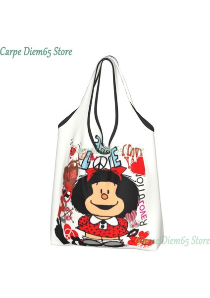 21 Alışveriş Çantası Aşk ve Mafalda Kalpler Tarafından Çevrili Alışveriş Çantaları Kadın Taşınabilir Büyük Kapasiteli Bakkal Manga Karikatür Alışveriş Bez Çantalar (Yurt Dışından) fırsatları