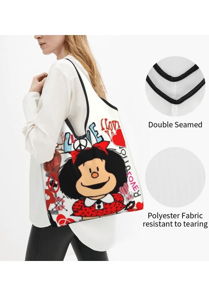 21 Alışveriş Çantası Aşk ve Mafalda Kalpler Tarafından Çevrili Alışveriş Çantaları Kadın Taşınabilir Büyük Kapasiteli Bakkal Manga Karikatür Alışveriş Bez Çantalar (Yurt Dışından) indirimleri