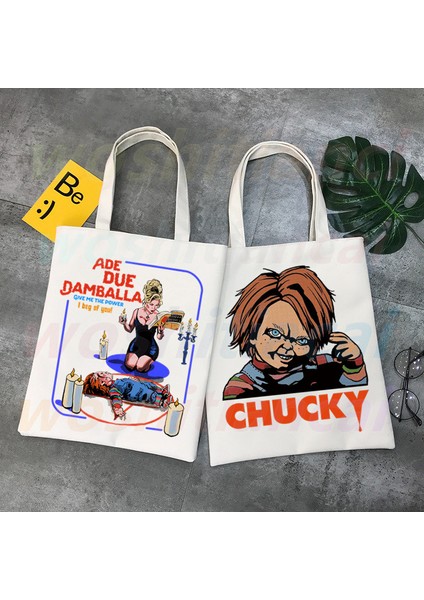 E Gelin Chucky Korkunç Korku Chucky Kanvas Omuz Çantası Çanta Bayanlar Casual Tote Çanta Büyük Kapasiteli Yeniden Kullanılabilir Alışveriş Çantası (Yurt Dışından)