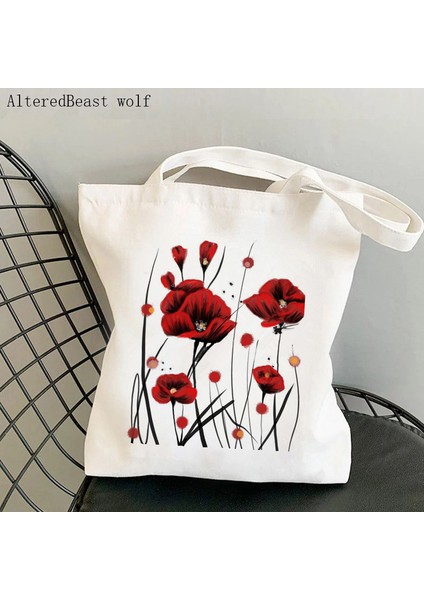 B1304 Kadın Alışveriş Çantası Ateşli Gelincikler Baskılı Kawaii Çanta Harajuku Alışveriş Kanvas Alışveriş Çantası Kız Çanta Tote Omuz Bayan Çantası (Yurt Dışından) fiyatları