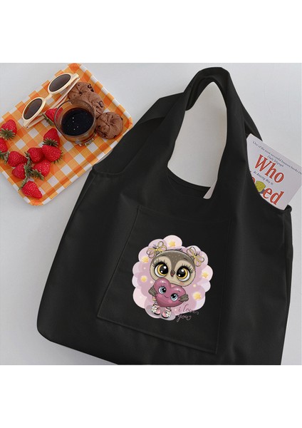 7OWL0010 Baykuş Kadın Harajuku Tarzı Alışveriş Çantaları Mektup Desen Serisi Omuz Çantası Moda Çanta Kanvas Tote Çanta Yüksek Kapasiteli Yeniden Kullanılabilir (Yurt Dışından)