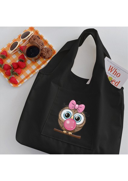 7OWL0010 Baykuş Kadın Harajuku Tarzı Alışveriş Çantaları Mektup Desen Serisi Omuz Çantası Moda Çanta Kanvas Tote Çanta Yüksek Kapasiteli Yeniden Kullanılabilir (Yurt Dışından)