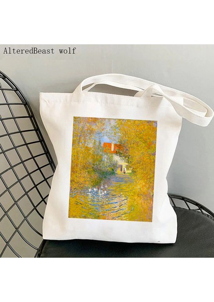 B2931 Kadın Alışveriş Çantası Yumuşak Monet Kolaj Baskılı Kawaii Çanta Harajuku Alışveriş Kanvas Alışveriş Çantası Kız Çanta Tote Omuz Bayan Çantası (Yurt Dışından)