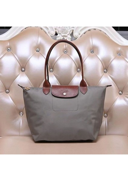 Benekli Gri L Fransız Moda Hamur Topuzu Naylon Omuz Çantası Büyük Kapasiteli Katlanır Büyük, Orta ve Küçük Alışveriş Çok Yönlü Tote Çanta (Yurt Dışından)
