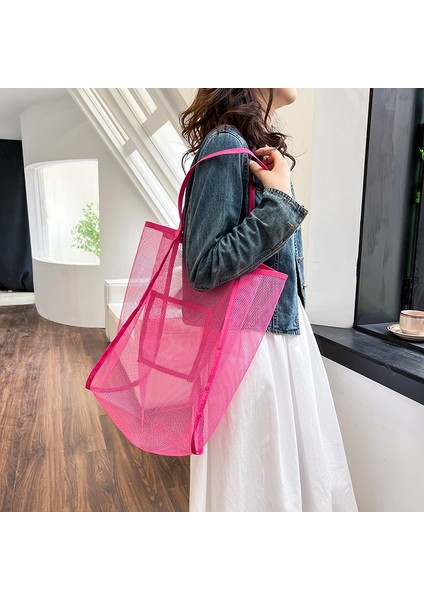 Gül Kadınlar Şeffaf Örgü Tek Gerekir Ins Sarıcı Çanta Moda Hafif Taşınabilir Alışveriş Seyahat Plaj Örgü Net Tote Çanta (Yurt Dışından)