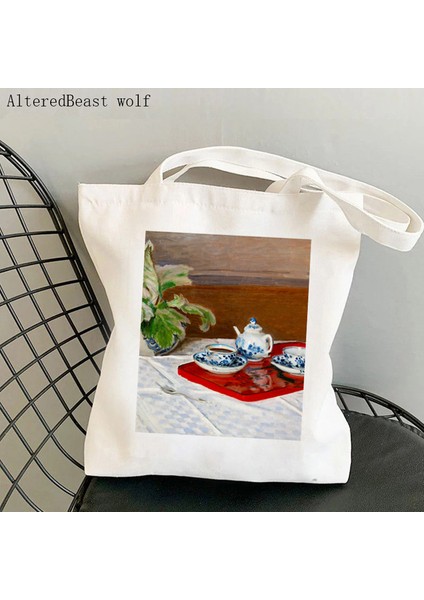 B2945 Kadın Omuz Çantası Monet Nilüferler Kawaii Çanta Harajuku Alışveriş Kanvas Alışveriş Çantası Kız Çanta Tote Shopper Bayan Çantası (Yurt Dışından)