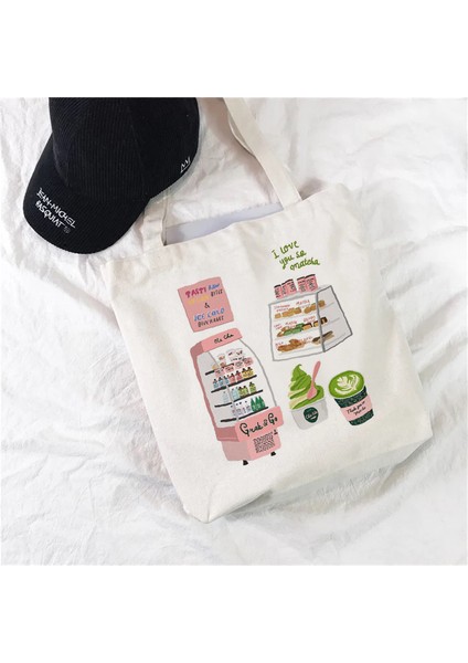 Stil 2 Tek Boyut Moda Trendi Yeni Kawaii Hallyu Harajuku Baskı Kadın Pamuk Çanta Baskı Yeniden Kullanılabilir Omuz Çantası Kadın Kanvas Çanta. (Yurt Dışından)