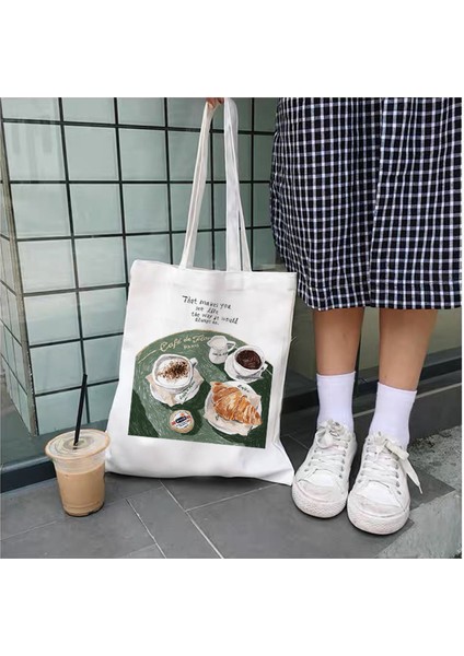Stil 2 Tek Boyut Moda Trendi Yeni Kawaii Hallyu Harajuku Baskı Kadın Pamuk Çanta Baskı Yeniden Kullanılabilir Omuz Çantası Kadın Kanvas Çanta. (Yurt Dışından)