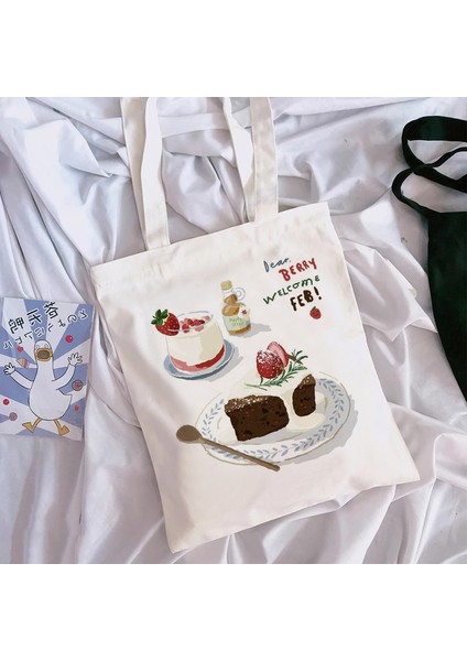 Stil 2 Tek Boyut Moda Trendi Yeni Kawaii Hallyu Harajuku Baskı Kadın Pamuk Çanta Baskı Yeniden Kullanılabilir Omuz Çantası Kadın Kanvas Çanta. (Yurt Dışından)