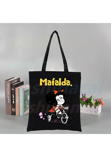 L Toda Mafalda Kawaii Karikatür Tuval Kadın Koleji Ulzzang Kore Siyah Büyük Kapasiteli Rahat Moda Omuz Çantaları (Yurt Dışından)