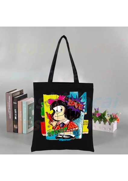 L Toda Mafalda Kawaii Karikatür Tuval Kadın Koleji Ulzzang Kore Siyah Büyük Kapasiteli Rahat Moda Omuz Çantaları (Yurt Dışından)