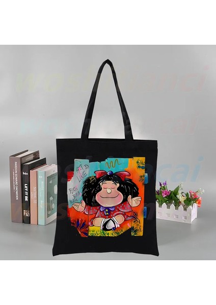 L Toda Mafalda Kawaii Karikatür Tuval Kadın Koleji Ulzzang Kore Siyah Büyük Kapasiteli Rahat Moda Omuz Çantaları (Yurt Dışından)