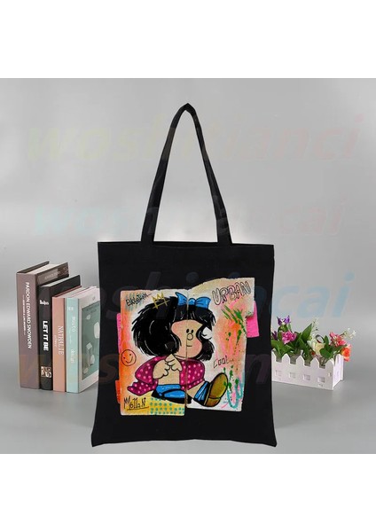 L Toda Mafalda Kawaii Karikatür Tuval Kadın Koleji Ulzzang Kore Siyah Büyük Kapasiteli Rahat Moda Omuz Çantaları (Yurt Dışından)