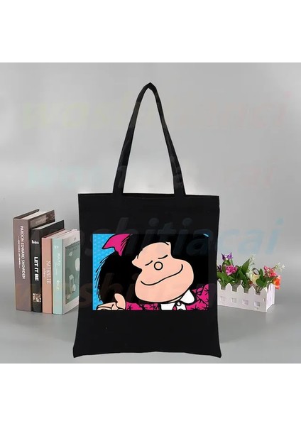 K Toda Mafalda Kawaii Karikatür Tuval Kadın Koleji Ulzzang Kore Siyah Büyük Kapasiteli Rahat Moda Omuz Çantaları (Yurt Dışından)