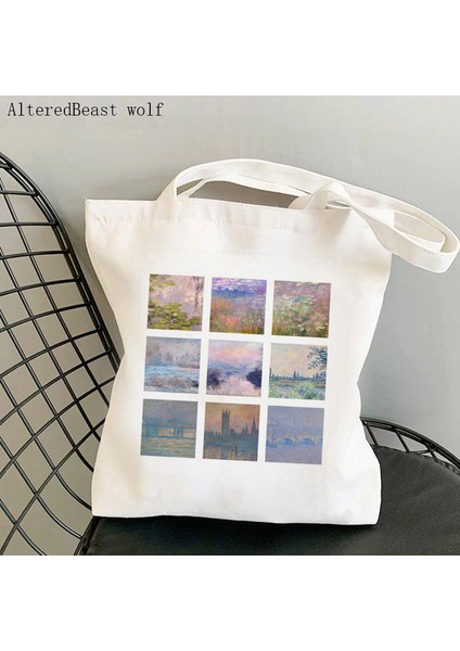 B2915 Kadın Alışveriş Çantası Yumuşak Monet Kolaj Baskılı Kawaii Çanta Harajuku Alışveriş Kanvas Alışveriş Çantası Kız Çanta Tote Omuz Bayan Çantası (Yurt Dışından) fiyatları