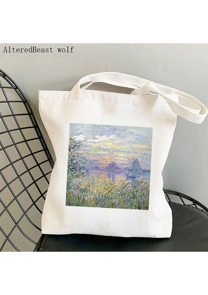 B2915 Kadın Alışveriş Çantası Yumuşak Monet Kolaj Baskılı Kawaii Çanta Harajuku Alışveriş Kanvas Alışveriş Çantası Kız Çanta Tote Omuz Bayan Çantası (Yurt Dışından) fırsatları