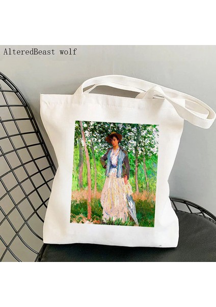 B2915 Kadın Alışveriş Çantası Yumuşak Monet Kolaj Baskılı Kawaii Çanta Harajuku Alışveriş Kanvas Alışveriş Çantası Kız Çanta Tote Omuz Bayan Çantası (Yurt Dışından) indirimleri