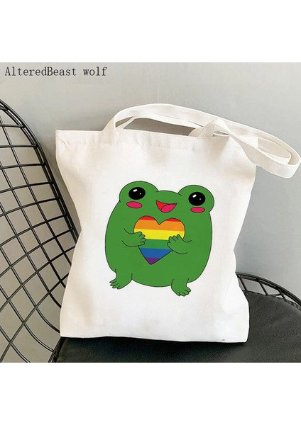 B3433 Kadın Alışveriş Çantası Gurur Kurbağalar Biseksüel Bayrak Kawaii Çanta Harajuku Alışveriş Kanvas Alışveriş Çantası Kız Çanta Tote Omuz Bayan Çantası (Yurt Dışından)