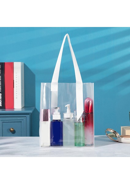 Beyaz 25X30X8CM 1 Adet Şeffaf Buzlu Pvc Alışveriş Çantası Kadın Büyük Çanta Yeniden Kullanılabilir Katlanabilir Bakkal Çanta Kılıfı Bayanlar Su Geçirmez Alışveriş Çantası (Yurt Dışından)