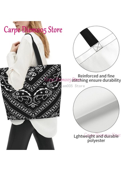 Bayanlar Için 18 Siyah Beyaz Paisley Chicano Bandana Tarzı Büyük Kapasiteli Alışveriş Bakkal Çantası (Yurt Dışından) modelleri