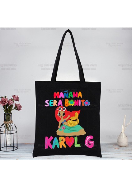 B Karol G Bichota Manana Sera Bonito Müzik Şarkıcısı Alışveriş Siyah Kanvas Tote Çanta Karikatür Yeniden Kullanılabilir Bez Çanta Çanta Omuz Çantaları (Yurt Dışından)
