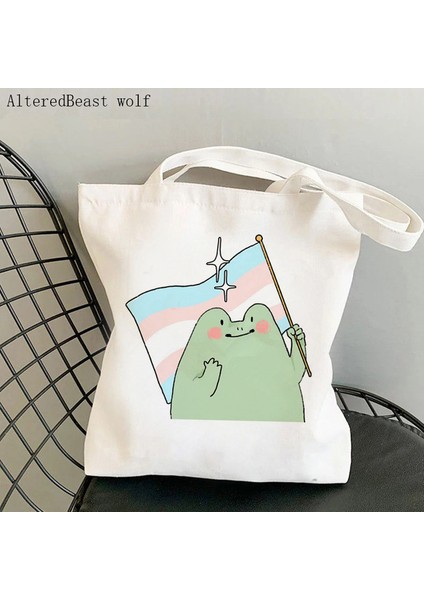 B3158 Kadın Alışveriş Çantası Gökkuşağı Gurur Kurbağa Baskılı Kawaii Çanta Harajuku Alışveriş Kanvas Alışveriş Çantası Kız Çanta Tote Omuz Bayan Çantası (Yurt Dışından)